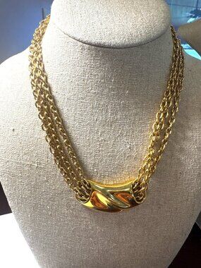 Vintage Monet Gold Tone Multi Chain Necklace Sculptural Bar 80s 90s Designer